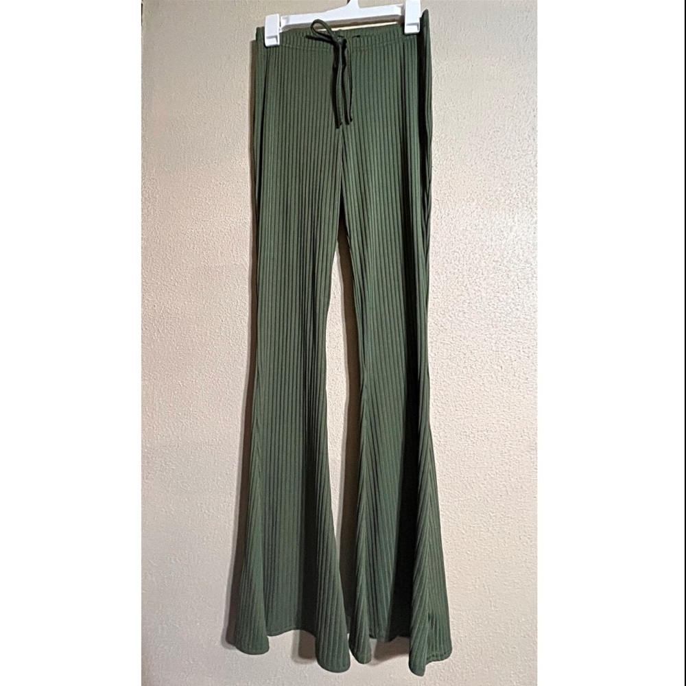 Olive Green Ribbed Flare Pants from NastyGal